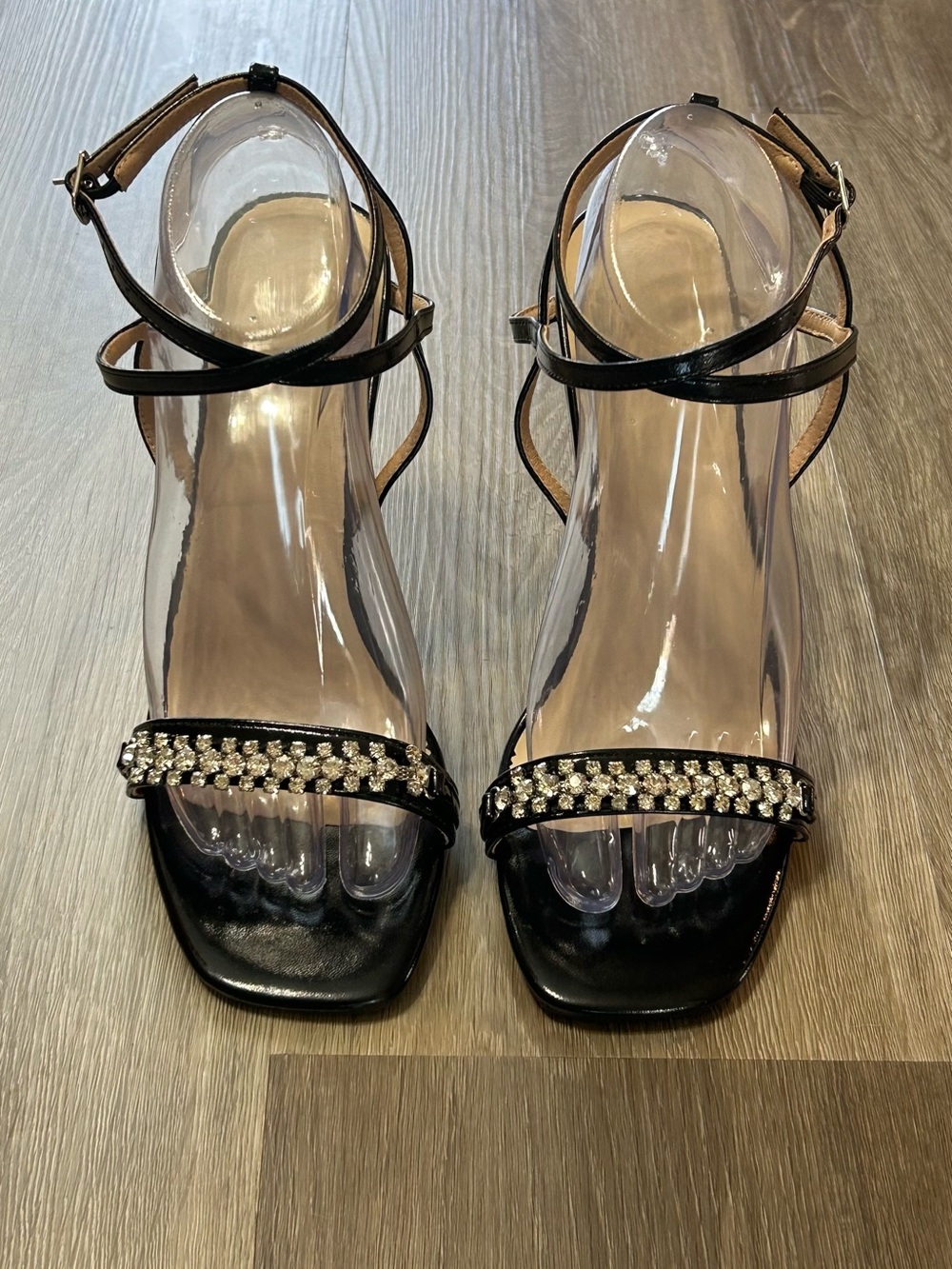 Black Rhinestone Ankle Strap Heeled Sandals Size 9 NWOT - Picture 2 of 9